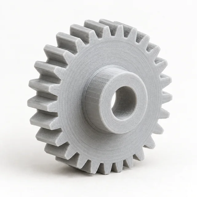 A gray 3D printed replacement gear.