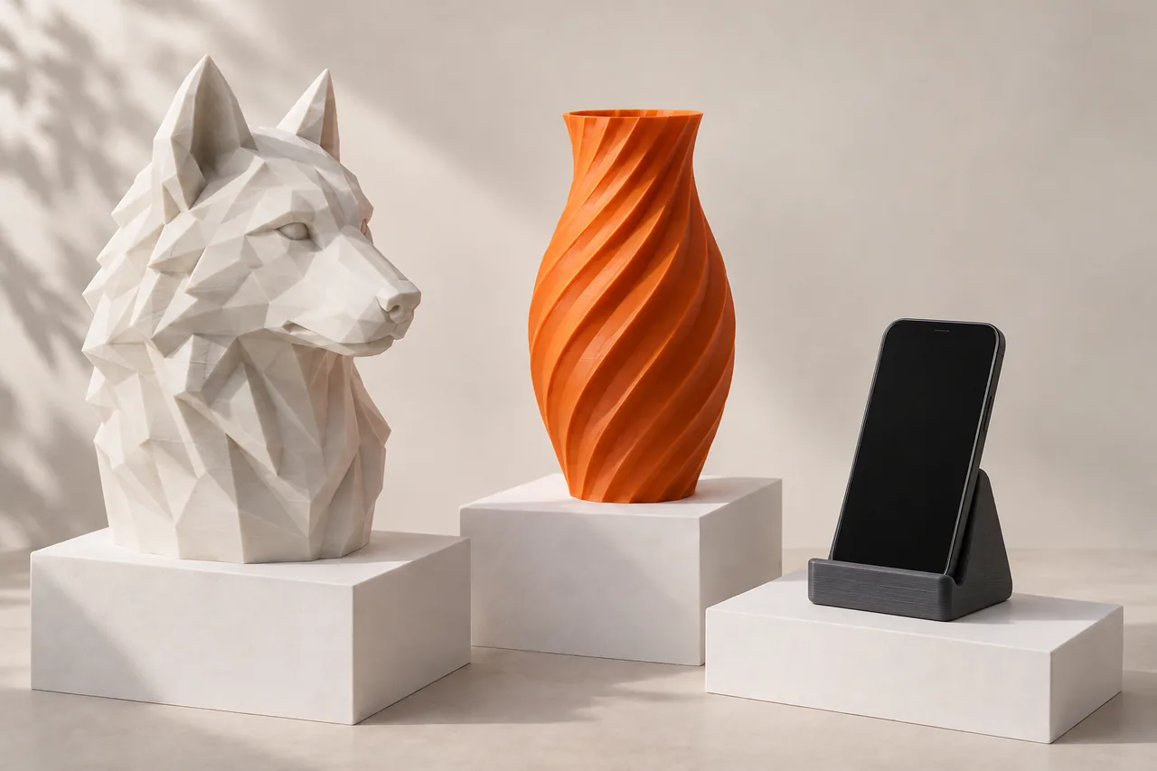 A white low-poly wolf bust, an orange spiral vase and a dark gray phone stand holding a smartphone, all 3D printed and displayed on white plinths.